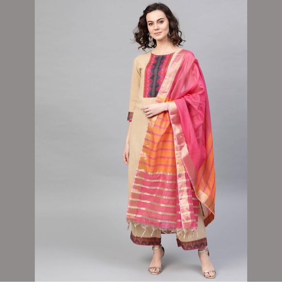 Indo Era Other - Beige & Pink Yoke Design Kurta with Palazzos & Dupatta for Women, Brand Indo Era